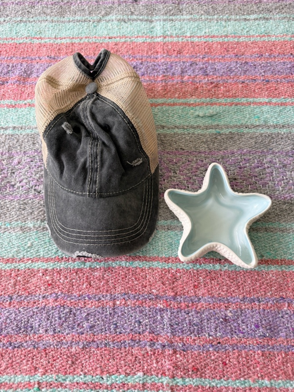 CC Ponytail Trucker Hat Distressed Black Tan Velcro Back Cap